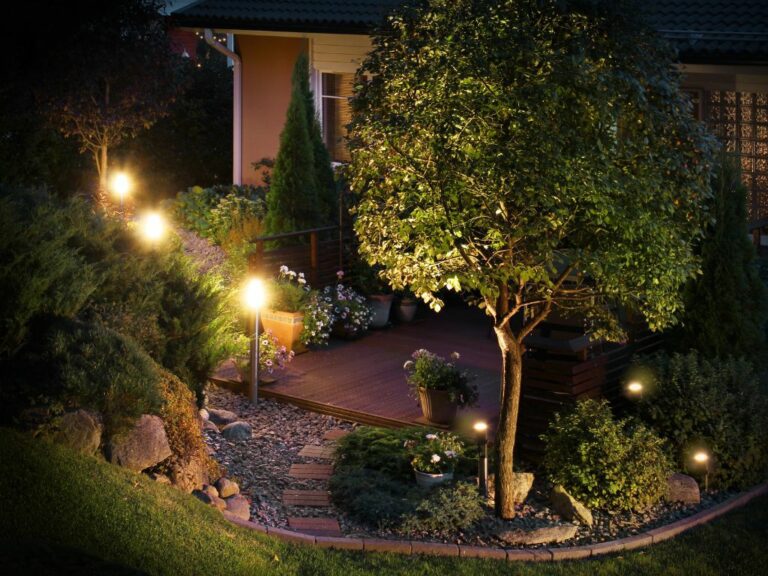 Trädgårdsbelysning som lyser upp träd och buskar